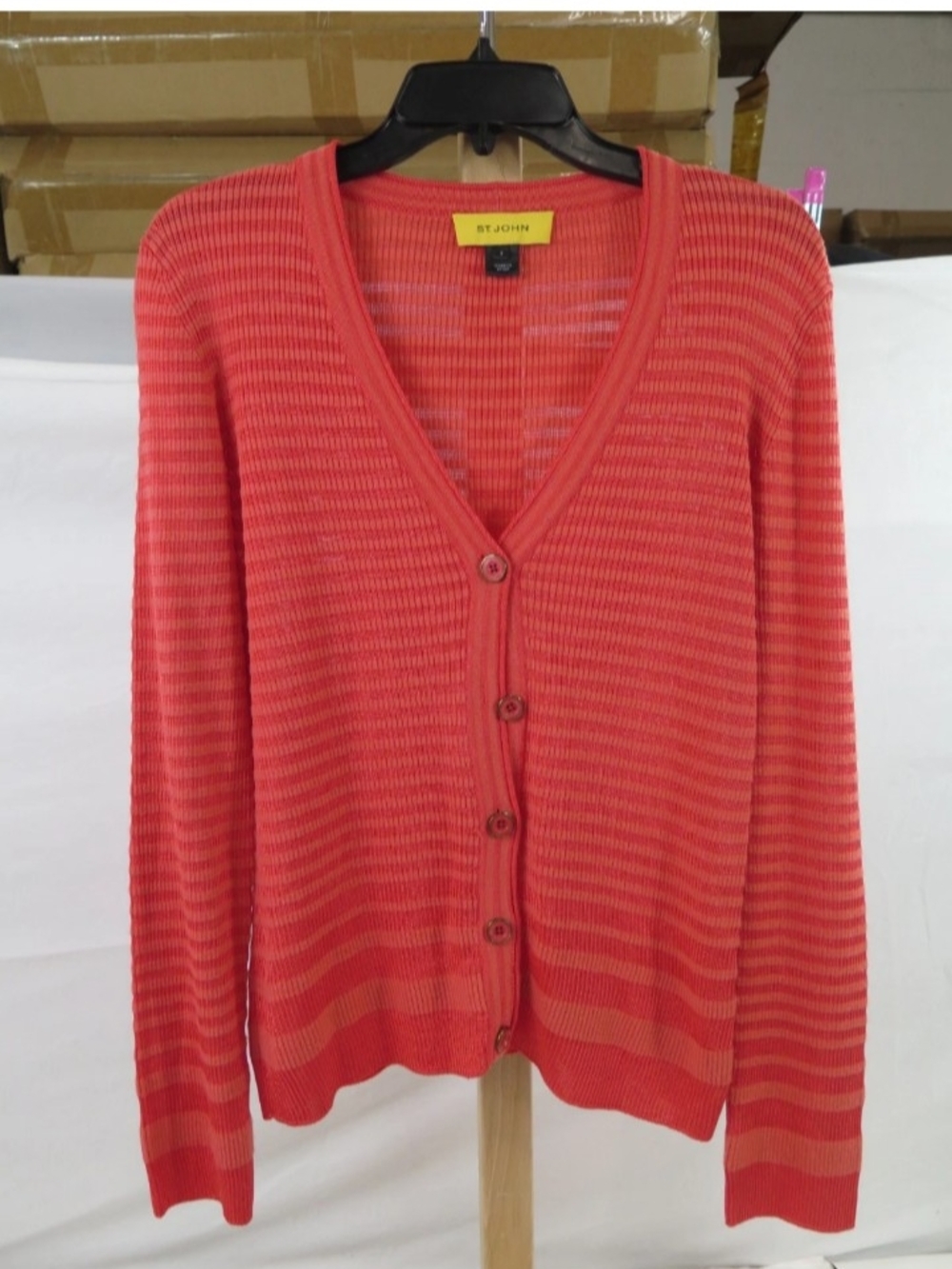 St. John Coral Ribbed Button V-Neck Cardigan